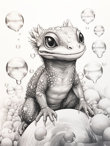 Little cute dragon sitting on a bubble with foam bubbles