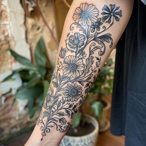 Intricate floral forearm tattoo, Maria Sibylla Merian style