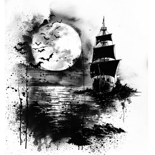 Dark beach scene with full moon and bats