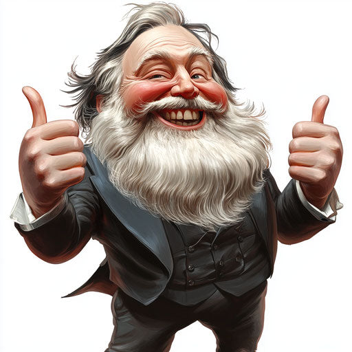 Humorous caricature of a Johannes Brahms caricature clipart with human characteristics, exaggerated toothy teeth, big hands, bright colors, vibrant colors, cartoon style, thumbs up, high-resolution, no background, isolated