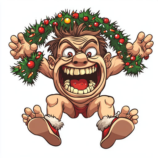 Humorous caricature of a Christmas garland with human characteristics
