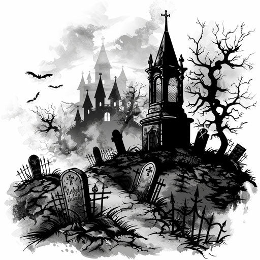 Gothic graveyard scene with fog, monochrome clipart style