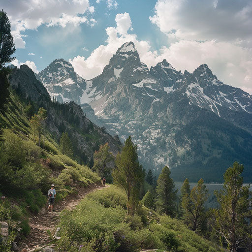 The Teton Mountains with climbers on a rugged trail