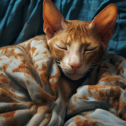 Cornish rex cat asleep on a couch