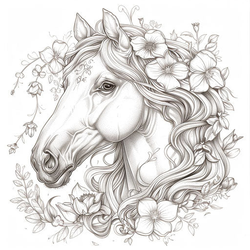Whimsical horse with flowers woven into its mane