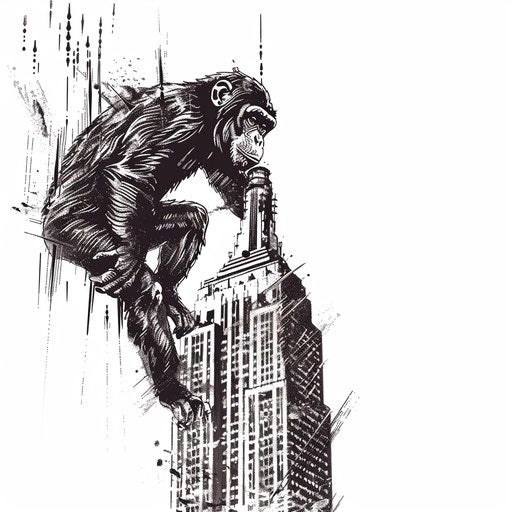Monkey climbing skyscraper, adventurous bold tattoo design