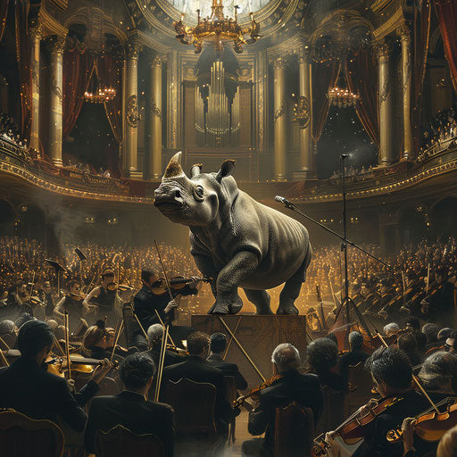 A rhinoceros conducting an orchestra in a grand concert hall