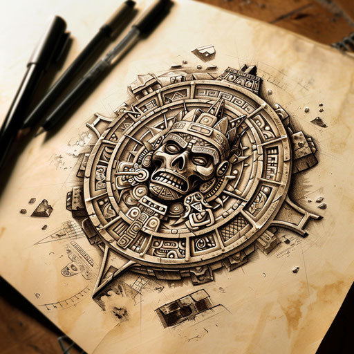 Tattoo sketch of a Chicano art Aztec calendar, detailed and symmetrical
