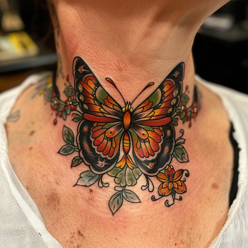 Butterfly neck tattoo with cartoonish flair Steve Sack style