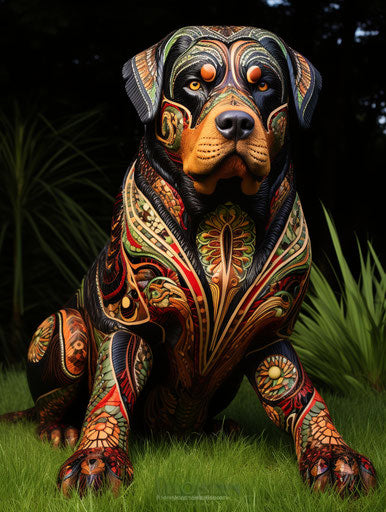 Rottweiler dog sitting in grass, light red and dark emerald style