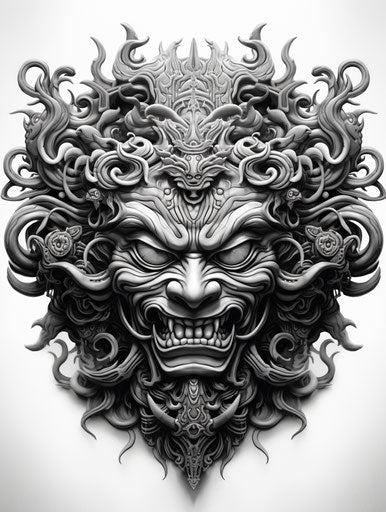 Samurai face in black and white image, Chris Dyer style, traditional Balinese motifs, Indonesian art