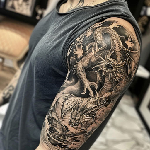 Half sleeve tattoo for men in the style of David Palumbo with a mythical creature