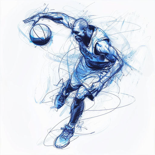 Moving basketball player, sleek lines blue digital
