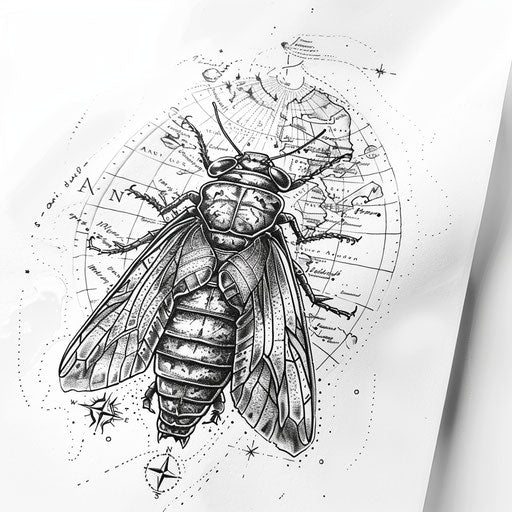 Adventure tattoo sketch of a cicada with a map and travel icons