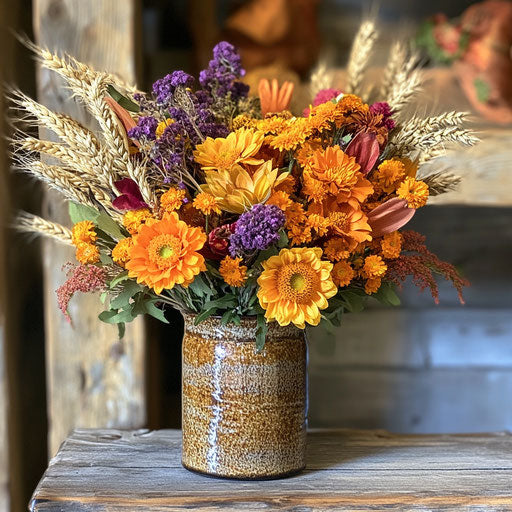 Vibrant autumn flowers bouquet in rustic vase