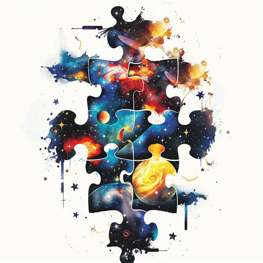 Surreal puzzle tattoo with elements of space and stars