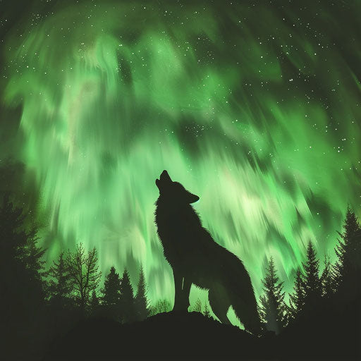 Wolf silhouette against glowing aurora borealis