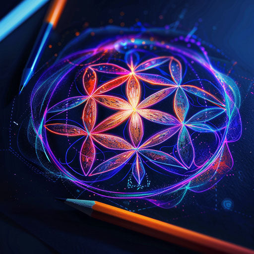 Futuristic tattoo sketch of the Flower of Life, neon colors on dark background