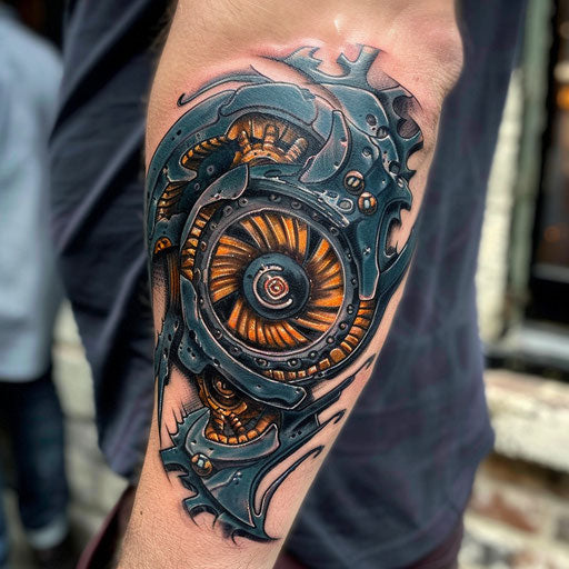 Biomechanical gear tattoo on the elbow