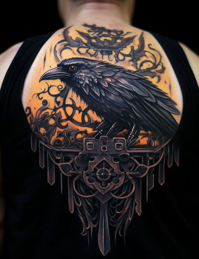 The raven of the night tattoo, in the style of paleocore, dark gray and amber, exaggerated nobility