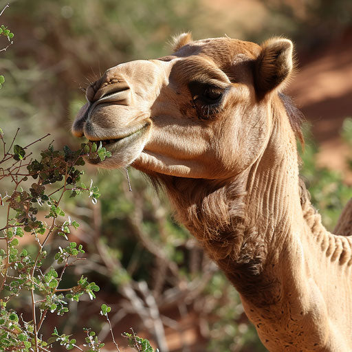 Camel grazing on desert shrubs