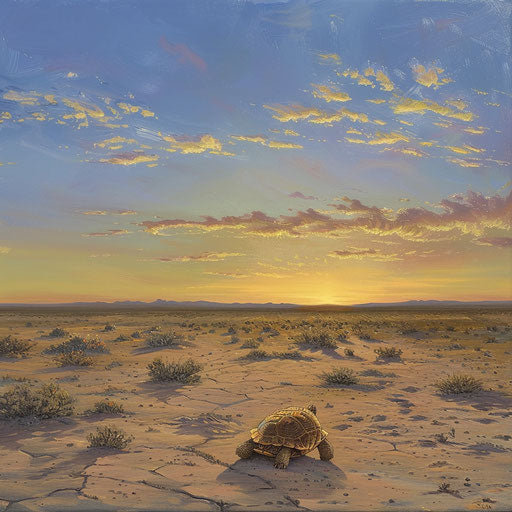 Serene sunrise over vast desert: lone Texas tortoise