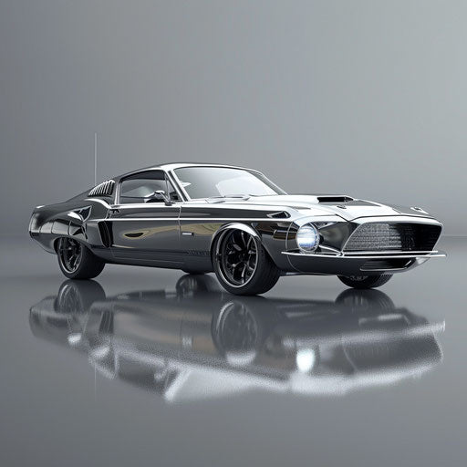 Futuristic Ford Mustang GT Shelby Classic with reflective surfaces and hovering capability