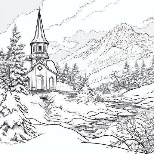 Snowy church in a peaceful winter landscape