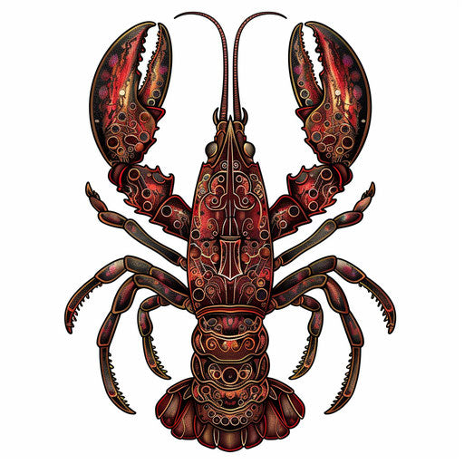 Elegant lobster sketch with filigree patterns, deep reds and golds