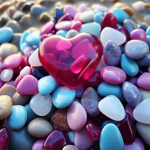 Heart on the beach with pebbles, aquamarine and magenta