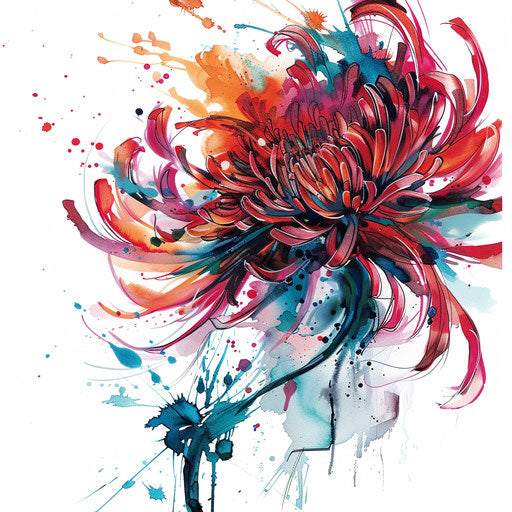 Expressionist tattoo of a November birth flower, chrysanthemum, with dramatic brush strokes and vibrant colors on white background.
