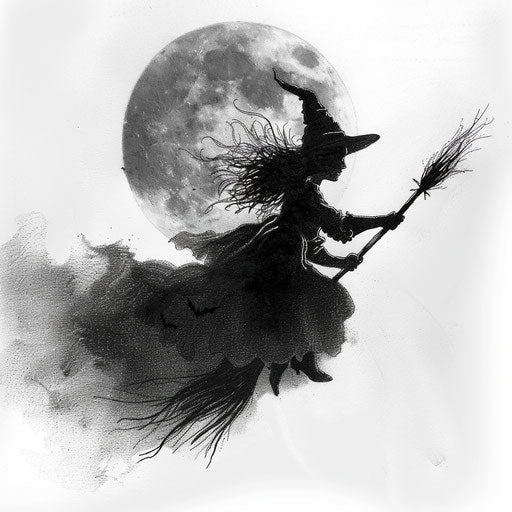 Detailed witch flying on a broom, silhouette against white