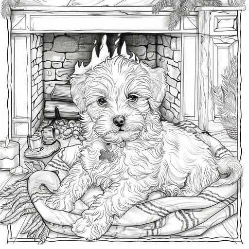 Puppy sitting on a blanket by the fireplace