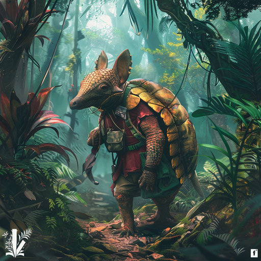 Armadillo explorer trekking through dense uncharted jungle