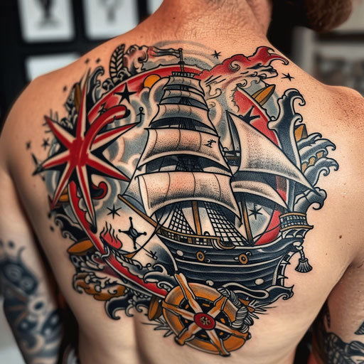 Men's tattoo with nautical theme, Sailor Jerry style