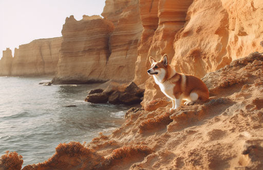 Corgi in cliffs near water, y2k aesthetic