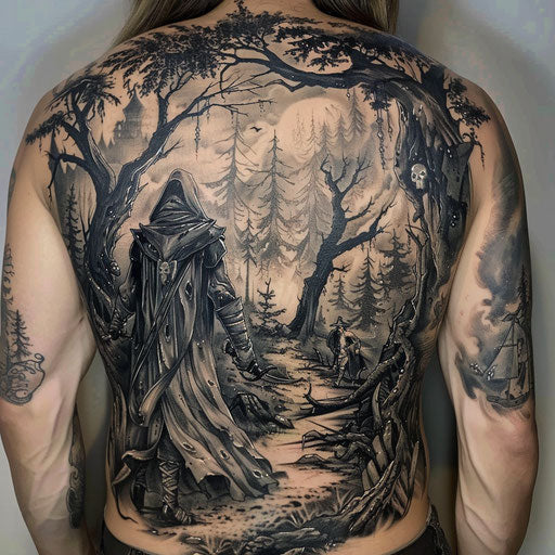 Epic fantasy tattoos for men with wizards and enchanted forests