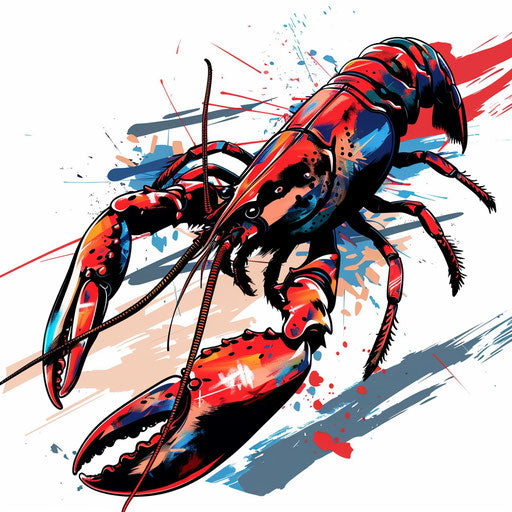 Dynamic sketch of a lobster in motion, vivid reds and blues
