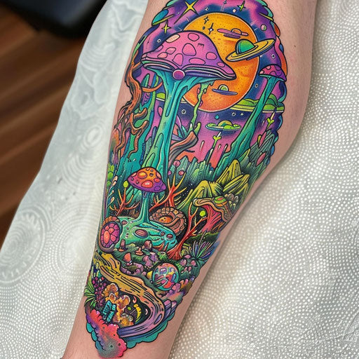 Animated sketch of an exoplanet with vibrant alien flora and fauna in bright colors