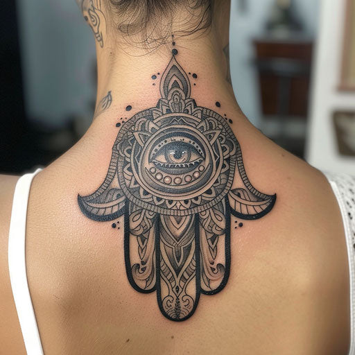 Hamsa tattoo with horror theme, Gothic style, dark imagery on white background