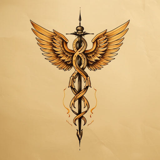 Elegant flat tattoo sketch of a caduceus symbol with golden wings