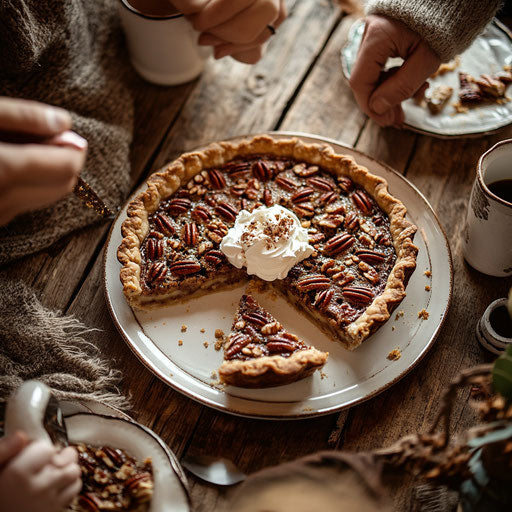 Family gathering with pecan pie and coffee