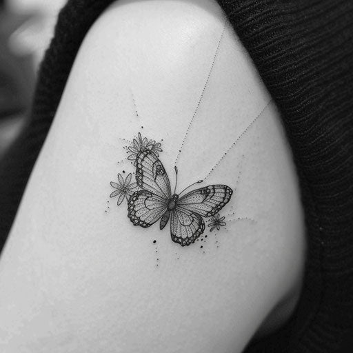 Simple tattoo of a small butterfly, in the style of Humberto Ramos, on the collarbone