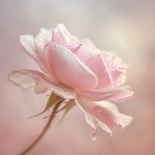 Delicate rose with a drop of dew, evoking tender love