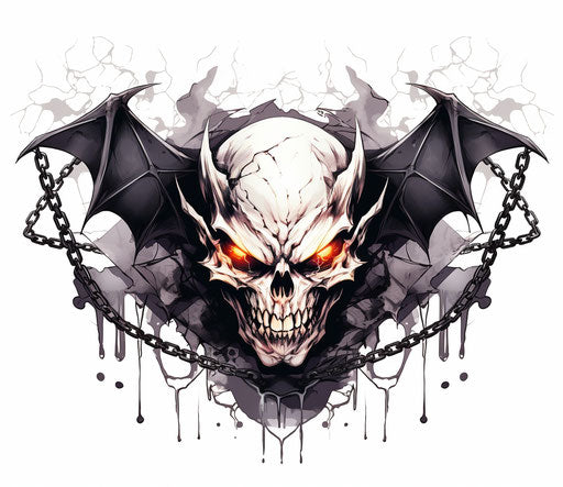 Skull with bat and chain tattoo, graphic graffiti style
