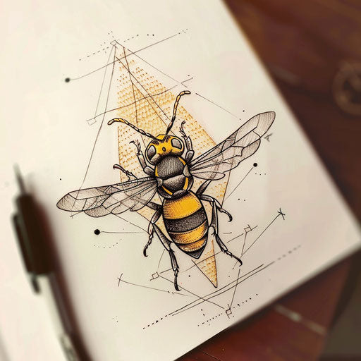 Contemporary tattoo sketch of a wasp with minimalist elements and stark color contrasts