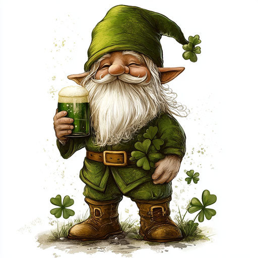 St. Patrick's Day gnome with green beer and clovers