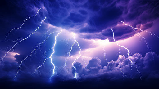 Blue sky with lightning, detailed background, dark violet and yellow