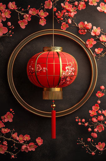 Red lantern hanging on golden ring surrounded by flowers