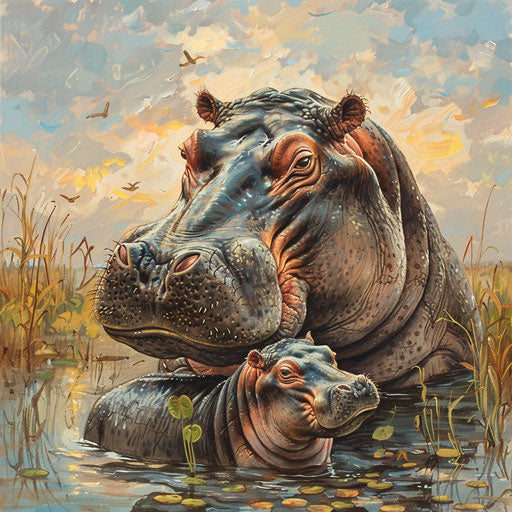 Mother hippo tenderly nudging newborn calf